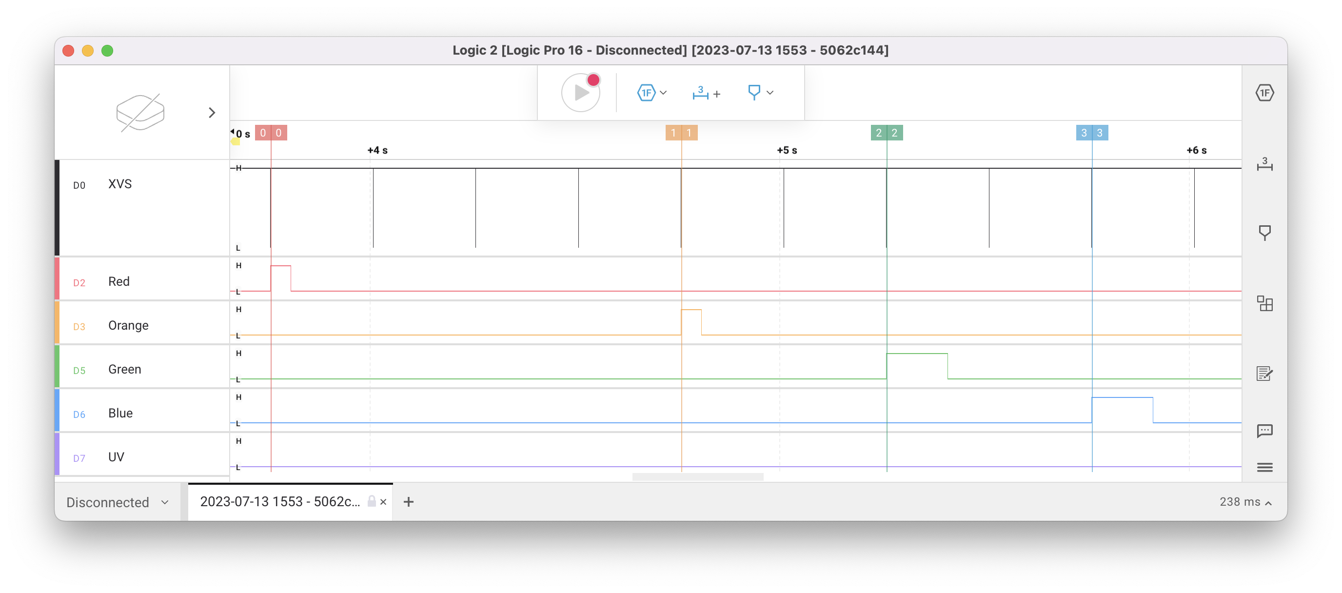 Timing diagram showing tight synchronization between trigger pulse (XVS) and LED flashes